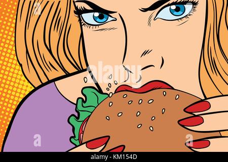 Hungry woman eats Burger Stock Vector