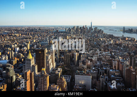 New York, USA - April, 25, 2015: Aerial view from Observatory deck in the Empire State Building on Flatiron district of New York, NYC. Downtown Manhat Stock Photo