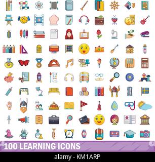 100 learning icons set, cartoon style  Stock Vector