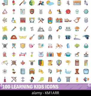 100 learning kids icons set, cartoon style  Stock Vector