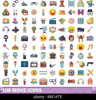 100 movie icons set, cartoon style  Stock Vector