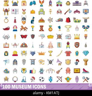 100 museum icons set, cartoon style  Stock Vector