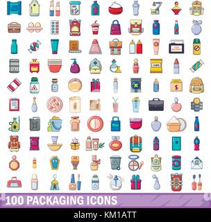 100 packaging icons set, cartoon style  Stock Vector