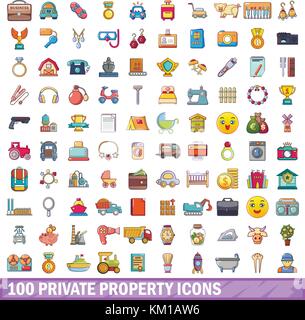 100 private property icons set, cartoon style  Stock Vector