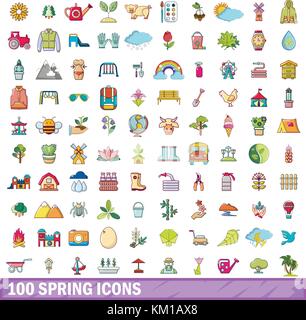 100 spring icons set, cartoon style  Stock Vector