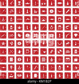 100 smuggling goods icons set grunge red Stock Vector