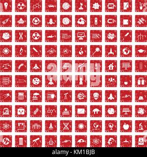 100 space icons set grunge red Stock Vector