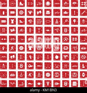 100 sport icons set grunge red Stock Vector