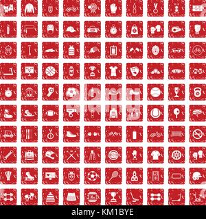 100 sport accessories icons set grunge red Stock Vector