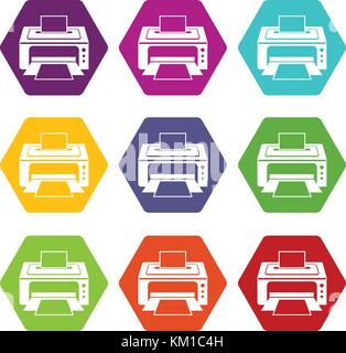 Printer icon set color hexahedron Stock Vector