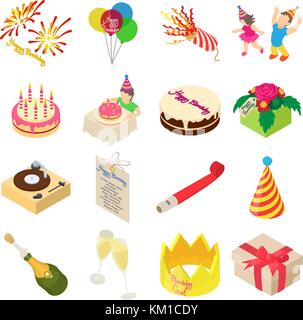 Birthday party icons set, isometric style Stock Vector