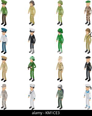 Soldier character icons set, isometric style Stock Vector