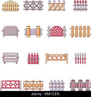 Different fencing icons set, cartoon style Stock Vector