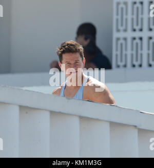 MIAMI , FL - APRIL 03: Mark Wahlberg on the set of  Pain and Gain which is directed by Michael Bay . on April 3, 2012 in Miami Beach, Florida  People:  Mark Wahlberg Stock Photo