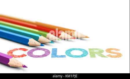 3D illustration of six wooden color pencils with the word colors over white background Stock Photo