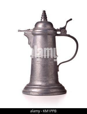 Antique pewter beer jug with lid on white background Stock Photo