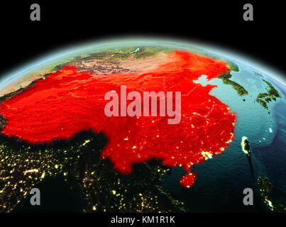 Morning above China highlighted in red on model of planet Earth in space. 3D illustration. Elements of this image furnished by NASA. Stock Photo