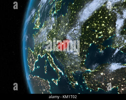 Night map of Hungary as seen from space on planet Earth. 3D illustration. Elements of this image furnished by NASA. Stock Photo