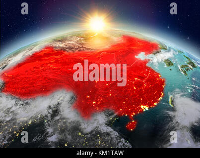 Satellite view of China highlighted in red on planet Earth with clouds during sunrise. 3D illustration. Elements of this image furnished by NASA. Stock Photo
