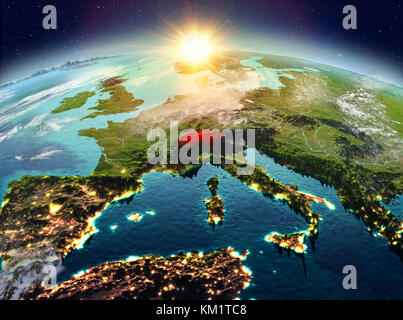 Satellite view of Switzerland highlighted in red on planet Earth with clouds during sunrise. 3D illustration. Elements of this image furnished by NASA Stock Photo