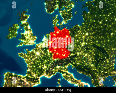 Satellite night view of Germany highlighted in red on planet Earth. 3D illustration. Elements of this image furnished by NASA. Stock Photo