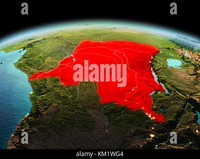 Morning above Democratic Republic of Congo highlighted in red on model of planet Earth in space. 3D illustration. Elements of this image furnished by  Stock Photo