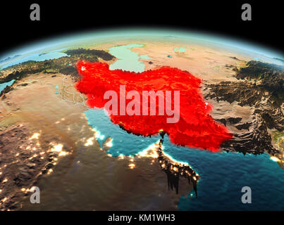 Morning above Iran highlighted in red on model of planet Earth in space. 3D illustration. Elements of this image furnished by NASA. Stock Photo