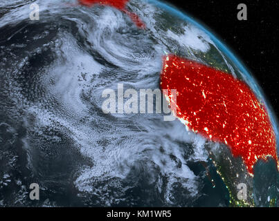 Night above USA highlighted in red on model of planet Earth in space ...