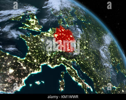 Night above Germany highlighted in red on model of planet Earth in space. 3D illustration. Elements of this image furnished by NASA. Stock Photo