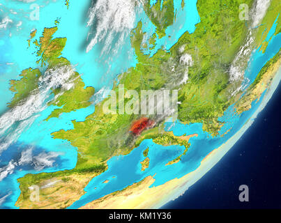 Satellite view of Switzerland highlighted in red on planet Earth with clouds. 3D illustration. Elements of this image furnished by NASA. Stock Photo