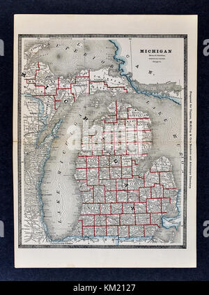 George Cram Antique Map from 1866 Atlas for Attorneys and Bankers: United States - Michigan - Lansing Detroit Saginaw Bay Kalamazoo Mackinaw Mackinac Stock Photo