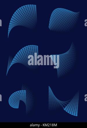 Abstract futuristic neon blue 3D shapes made of circle matrix. Geometric wavy twisted planes on a blue background. Vector illustration for cover, broc Stock Vector