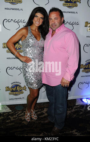 HOLLYWOOD, FL - AUGUST 10: Teresa Giudice and Joe Giudice host Absolutely Fabulous held at The Seminole Hard Rock Hotel and Casino.  'Real Housewives of New Jersey' couple Teresa and Giuseppe 'Joe' Giudice have been indicted on federal charges of bank and bankruptcy fraud, U.S. Attorney Paul J. Fishman announced. The Giudices were charged Monday in a 39-count indictment with conspiracy to commit mail and wire fraud, bank fraud, making false statements on loan applications and bankruptcy fraud, according to the indictment. The fraud was allegedly committed between September 2001 and September 2 Stock Photo