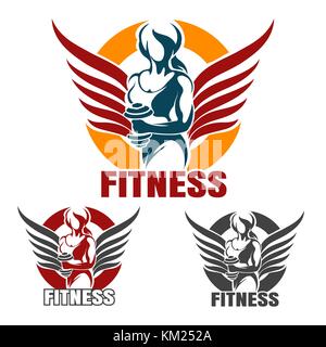 Bodybuilder Gym or Fitness emblem set. Winged Athletic Woman Holds dumbbel in various color variation isolated on white. Vector illustration. Stock Vector
