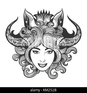 Girl face in shaman mask of boar drawn in tattoo style. Vector illustration. Stock Vector