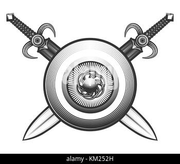 Round shield with two swords drawn in engraving style. Element of tattoo or label design isolated on white. Vector illustartion. Stock Vector