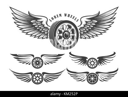 Set of wheels with wings for tattoo or label design isolated on white. Vector illustration. Stock Vector