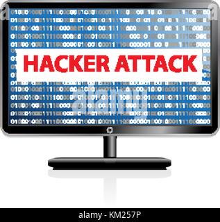 Computer hacking system icon. Monitor with binary code and hacker attack. Isolated on white background. Vector illustration. Stock Vector