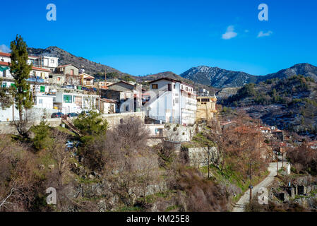 View over Agros village and the Troodosmountain range. Limassol District, Cyprus. Stock Photo