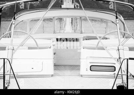Cockpit and helm station on a large sailing yacht. Stock Photo