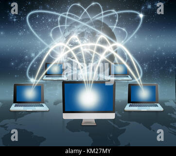 Connection of Laptops and computer over earth and world map with network line background,Elements of this image furnished by NASA,Business network con Stock Photo