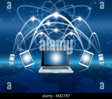 Laptops, tablet and smart mobile phone against globe blue over earth and world map with network line background,Elements of this image furnished by NA Stock Photo