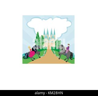 Princess and prince riding on a horse Stock Vector
