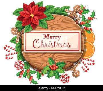 Wooden Christmas board with set of holiday decoration and the inscription with Merry Christmas vector illustration isolated on white background web si Stock Vector