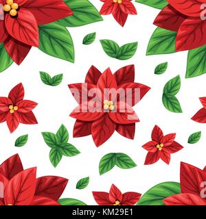 Beautiful red Poinsettia flower and green leaves Christmas decoration seamless vector illustration isolated on white background with place for your te Stock Vector