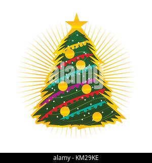 christmas tree illustration with star and rays, illustration design, isolated on white background. Stock Vector
