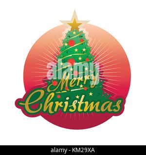 merry christmas with tree with big red circle, illustration design, isolated on white background. Stock Vector