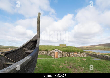 Viking Unst Project - Skidbadner Longship and reconstructed Viking Longhouse, Brookpoint, Unst, Shetland Islands, Scotland, UK Stock Photo