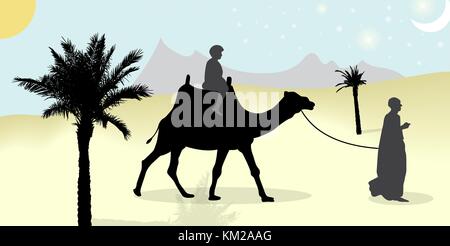 Silhouette of Caravan mit people and camels wandering through the deserts with palms at night and day. Vector Illustration. Stock Vector