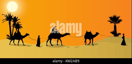 Silhouette of Caravan mit people and camels wandering through the deserts with palms at night and day. Vector Illustration. Stock Vector